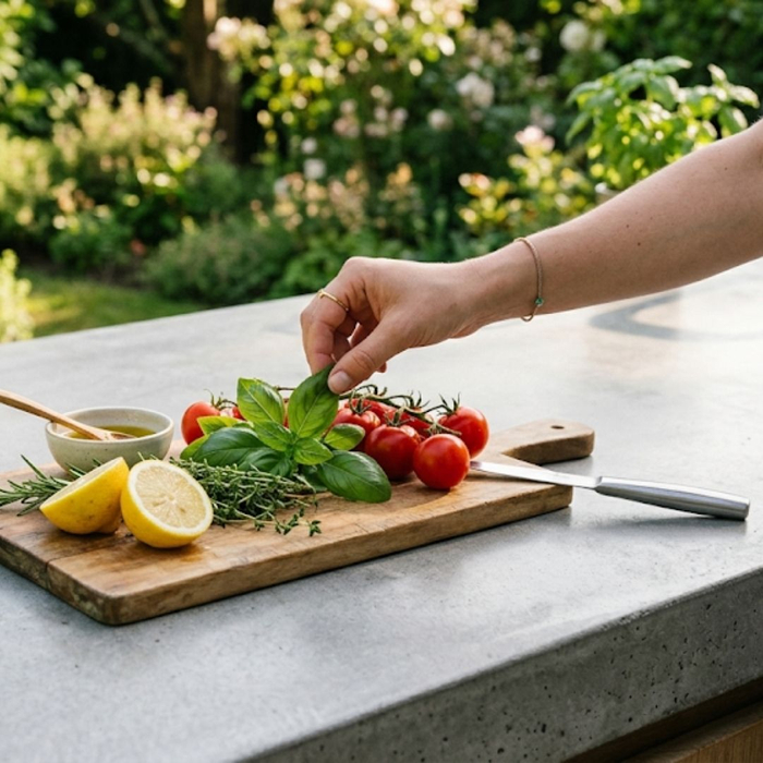 A detailed shot highlights the smooth finish of a modern polished concrete outdoor countertop.