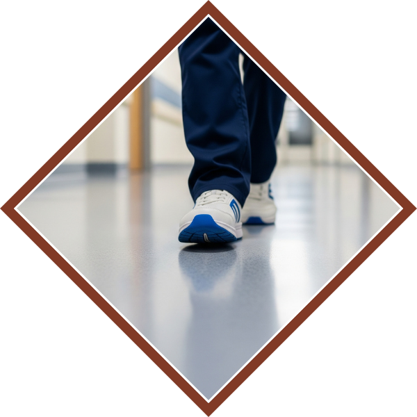 A clean, modern hospital hallway with polished concrete floors and doors leading to patient rooms. Hospitals1.png