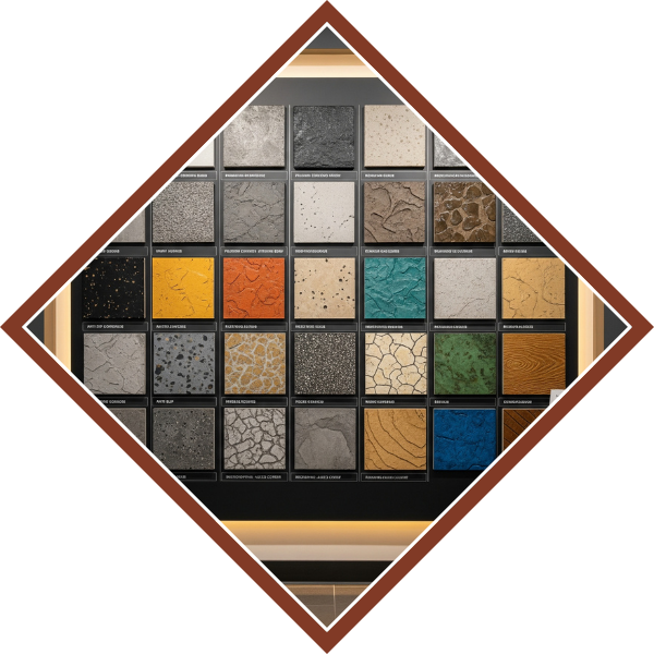 A detail shot of a professional in a showroom, pointing out the seamless transition between two different types of decorative concrete finishes. Showrooms3.png