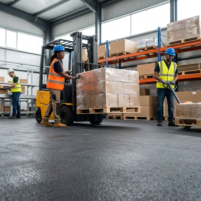 A heavy-duty industrial floor with a rugged, slip-resistant coating.