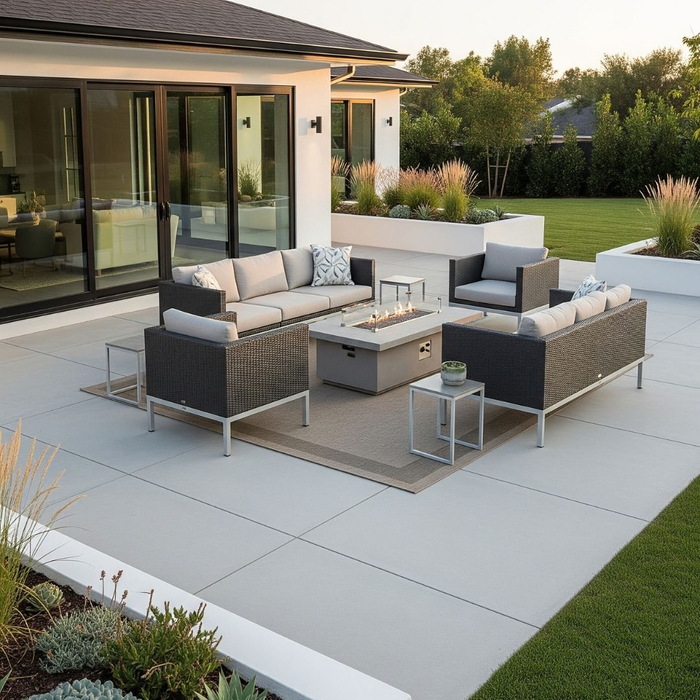 A clean and stylish outdoor patio featuring a low-maintenance decorative concrete floor