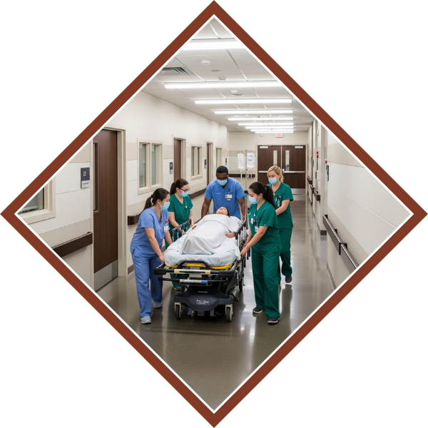 Hospital staff moving a gurney down a hallway with a highly durable, polished concrete floor. Hospitals3.png