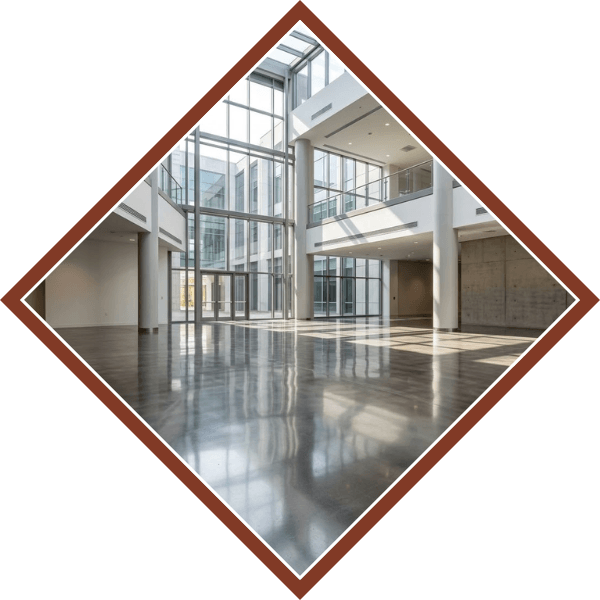 a spacious, modern commercial interior with gleaming stained and sealed concrete floors