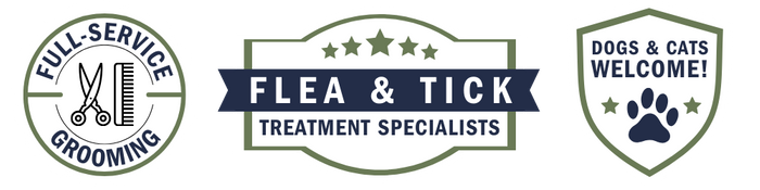 badges: full-service grooming, flea & tick treatment specialists, dogs & cats welcome!