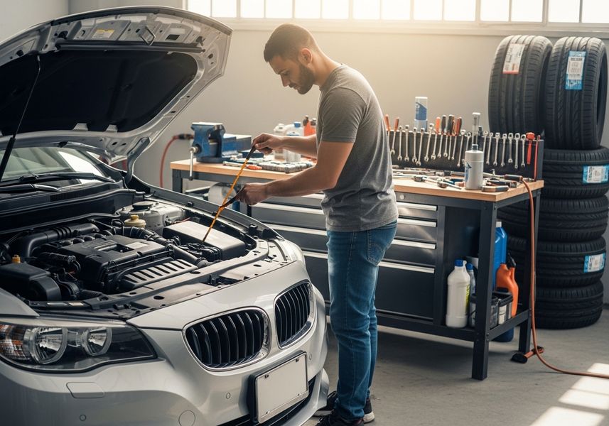 A mechanic is seen in a garage checking the oil of a silver car with the hood open, with tools and tires visible in the background. Mechanic Checking Car Oil