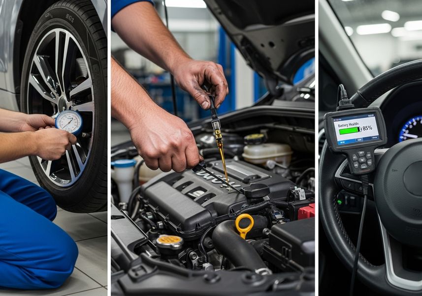 A collage showing a car being maintained: a tire being checked for air pressure, the oil being checked, and the battery being tested. Car maintenance and inspection