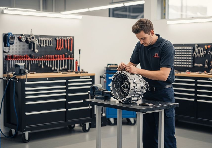 A Honda technician in a garage is carefully inspecting a transmission on a workbench. The garage is well-organized with tools and equipment neatly arranged. The technician is wearing a Honda uniform, emphasizing the brand and professionalism of the service. Honda Technician Inspecting Transmission