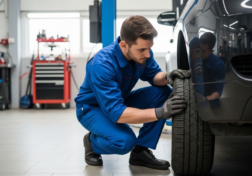 A mechanic wearing blue overalls and protective gloves squats to inspect the tire of a car in an auto repair shop, with a tool chest visible in the background. Mechanic Inspecting Tire
