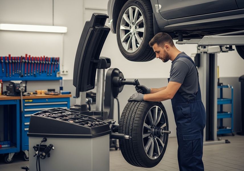A mechanic in a gray shirt and navy blue overalls is balancing a car tire in a garage. The car is lifted on a lift. Tools are on a workbench in the background. Mechanic balancing car tire