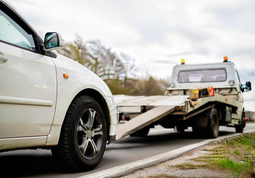 A white sedan is being towed by a white flatbed tow truck on a cloudy day. The car is partially visible from the front driver's side, showing the tire and front quarter panel. The tow truck is driving away from the viewer and has its amber lights on. White car being towed on a flatbed tow truck