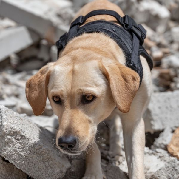Close-up of a focused yellow Labrador Retriever wearing a tactical harness, searching through rubble and concrete debris. Close-up of a focused yellow Labrador Retriever wearing a tactical harness, searching through rubble and concrete debris.
