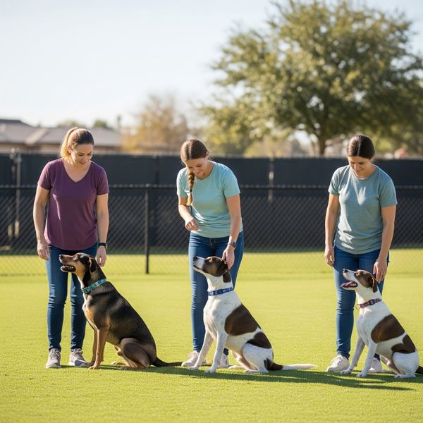 Dogs and owners in a structured group dog training class