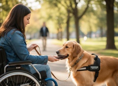 Woman in wheelchair with Golden Retriever service dog