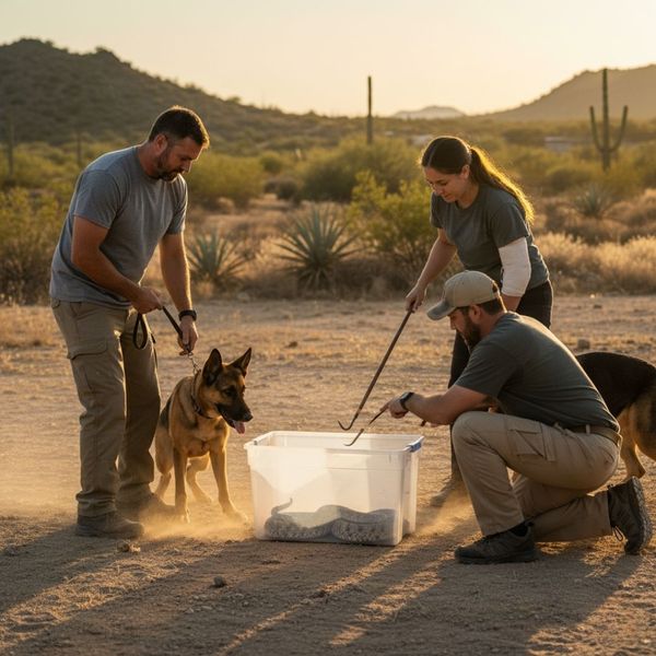 A German Shepherd on a leash stands focused next to its handler while two trainers carefully handle a live rattlesnake in a clear plastic training box on a dirt path. A German Shepherd on a leash stands focused next to its handler while two trainers carefully handle a live rattlesnake in a clear plastic training box on a dirt path.