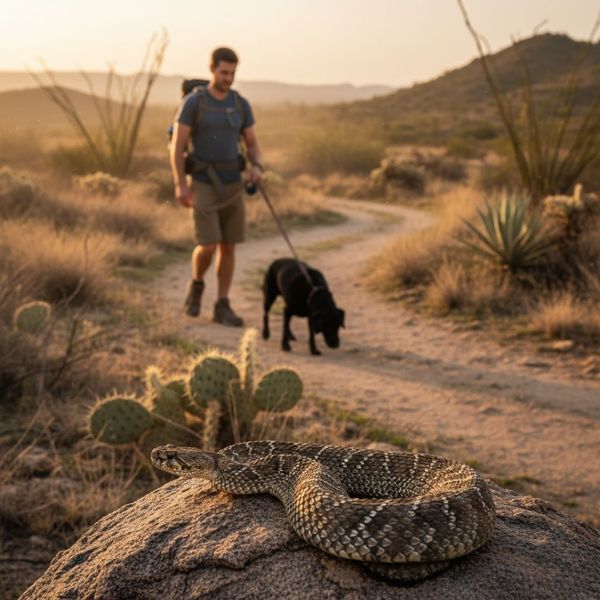 A dog owner hikes with a black Labrador on a dirt trail in a dry, desert landscape, passing a coiled rattlesnake resting on a rock in the foreground. A dog owner hikes with a black Labrador on a dirt trail in a dry, desert landscape, passing a coiled rattlesnake resting on a rock in the foreground.