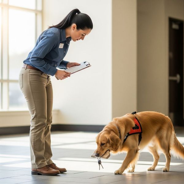 An evaluator with a clipboard carefully observes a service dog completing a specific task indoors.