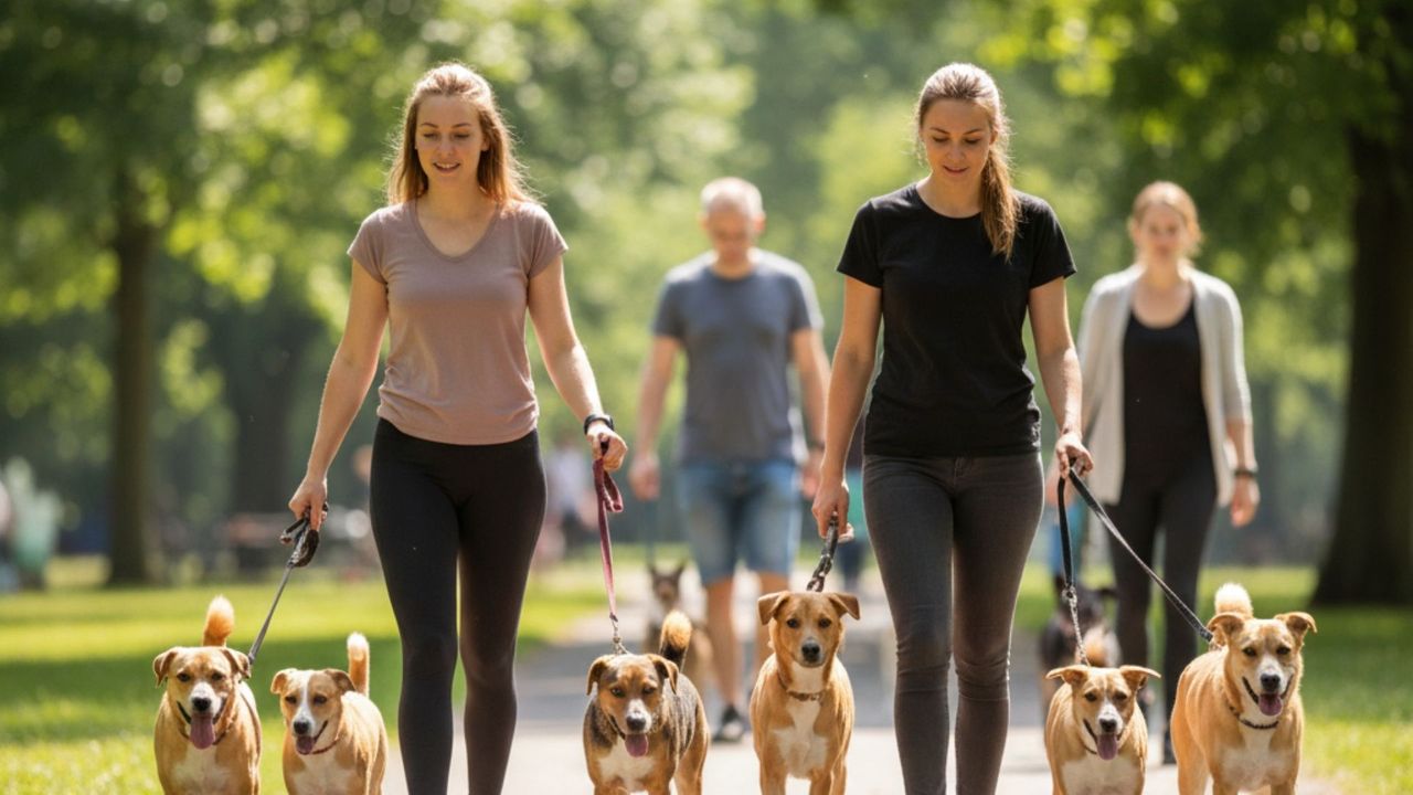 A group of diverse mixed breed dogs walk calmly on leashes alongside their handlers down a sunlit park path.