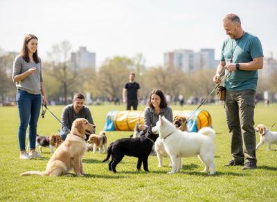 A group of diverse people with various dog breeds, including a golden retriever, husky, and black lab, in a grassy park. Dog training class in a sunny park