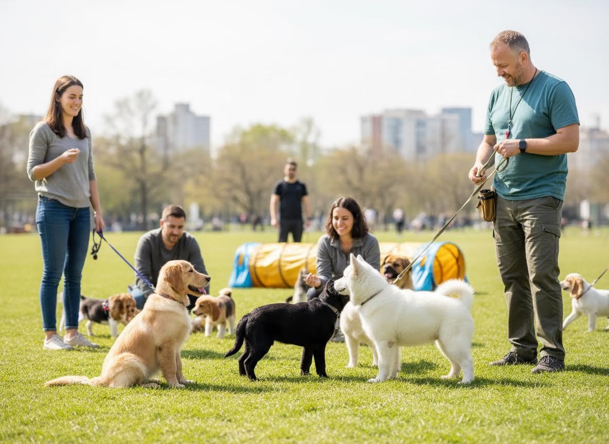 Dog training class in a sunny park