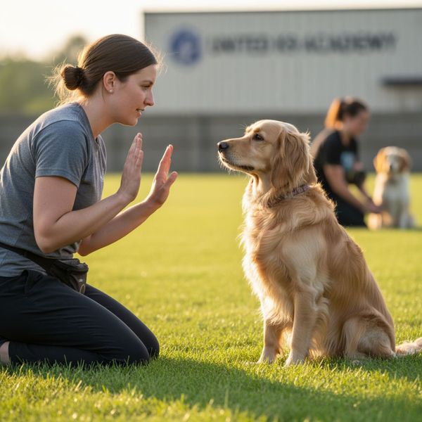 A woman is training her Golden Retriever puppy in a sit position, with the dog making direct eye contact with her for a clear communication exchange.
