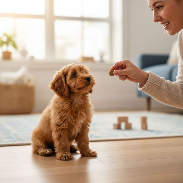 A small, attentive puppy receives a reward treat from its owner after a successful sit.
