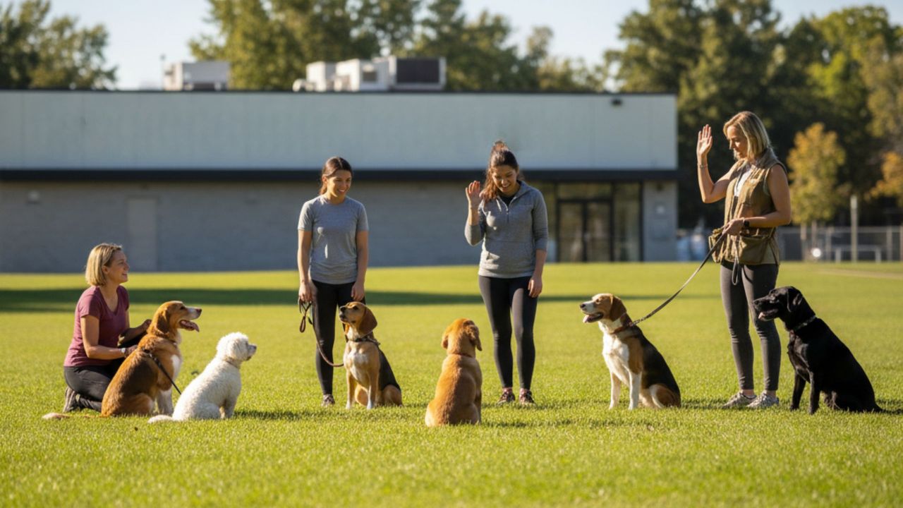 A diverse group of dogs and their owners sit calmly in a line on a grassy field during an outdoor group training class.