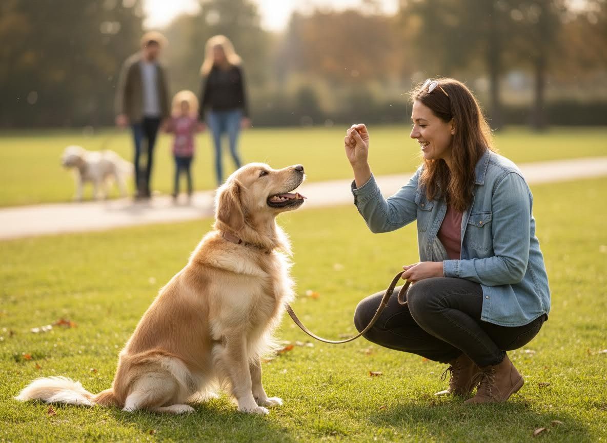 Woman training Golden Retriever in a park