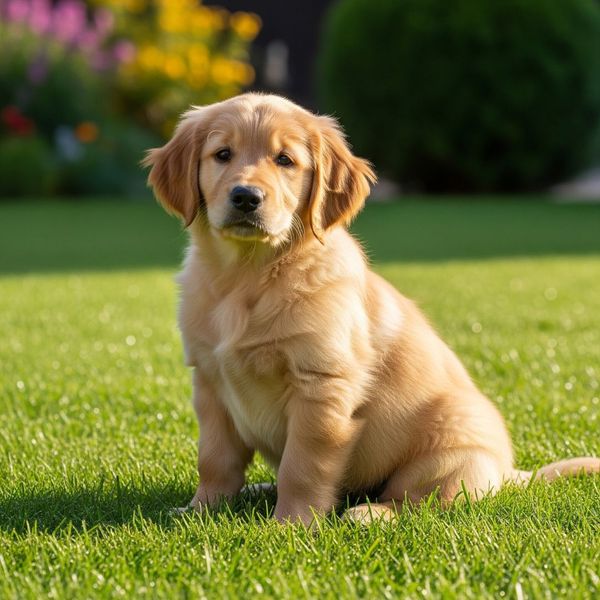 A calm Golden Retriever puppy sits attentively on a lush green lawn.