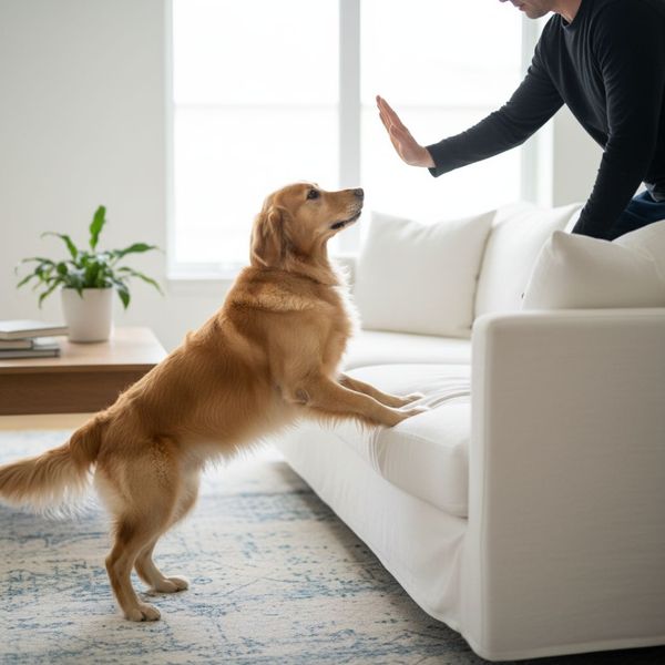 A dog owner uses a calm hand signal to keep a Golden Retriever off the sofa.