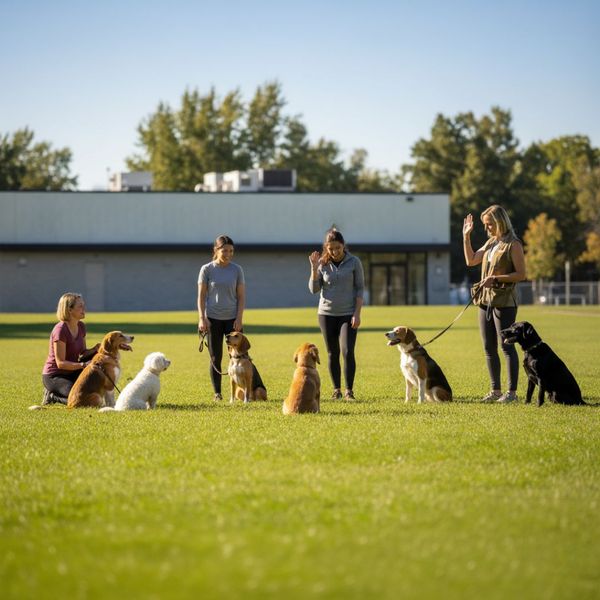 Several dog and handler teams are practicing basic commands in a group line formation on a sunny, green field for consistent repetition.
