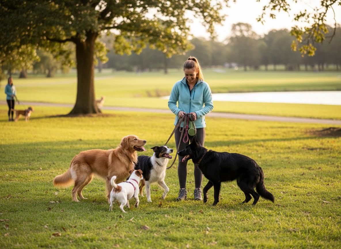 Woman with multiple dogs in a park