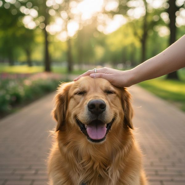 A person's hand gently strokes the head of a happy, medium-sized dog while outside.