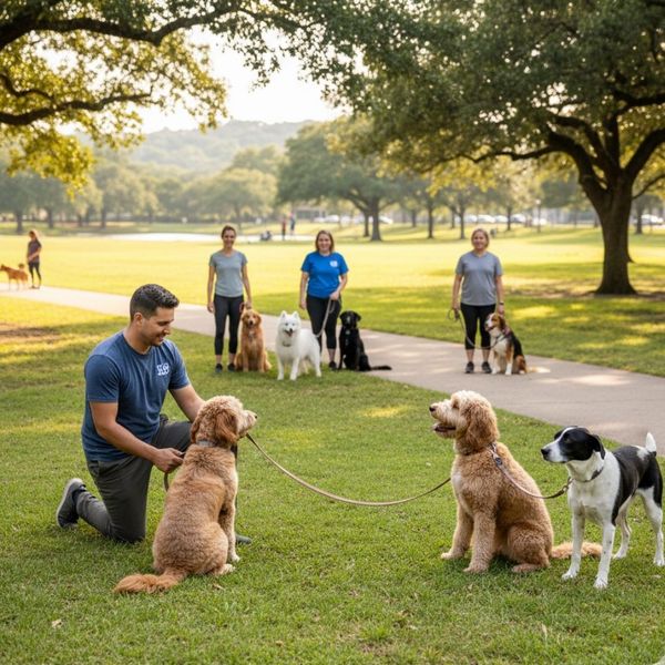 A trainer kneels in a grassy park to reward a goldendoodle while other dogs and handlers wait patiently in the background.