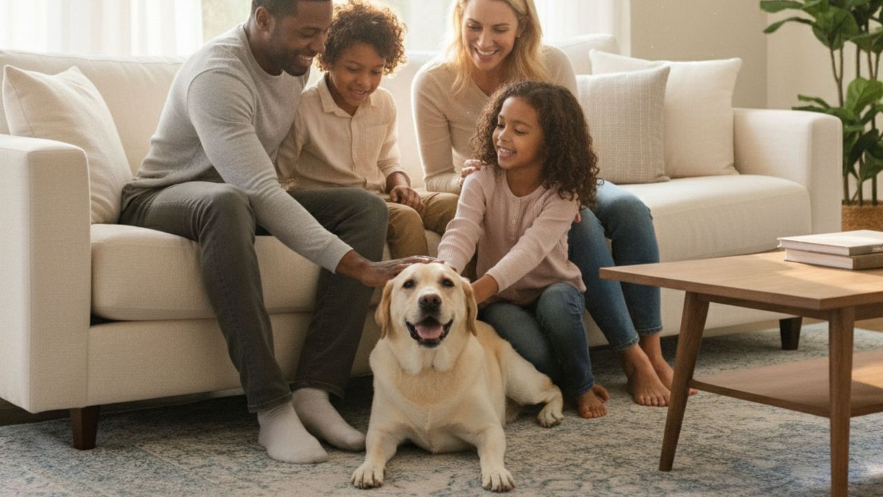 A diverse family smiles while sitting on a couch and petting their well-behaved Labrador Retriever.