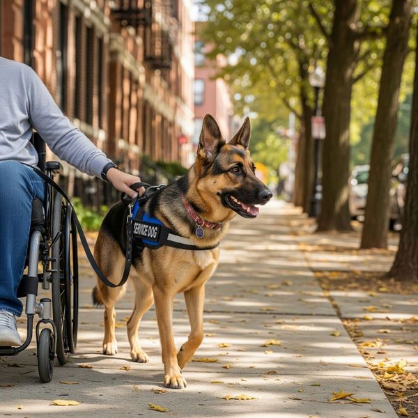 A German Shepherd in a service vest walks calmly next to its owner on a city sidewalk.