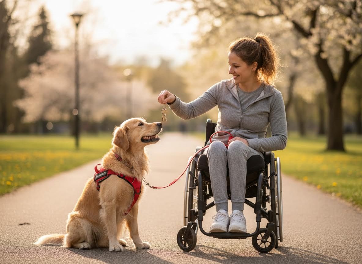 Woman in wheelchair trains golden retriever service dog with keys