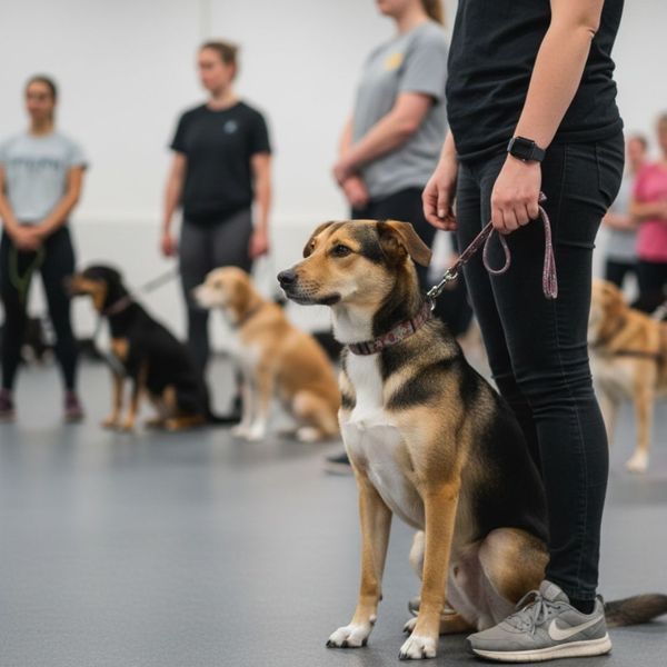 A medium-sized mixed breed dog sits attentively on a lead next to its handler during an indoor group obedience class.