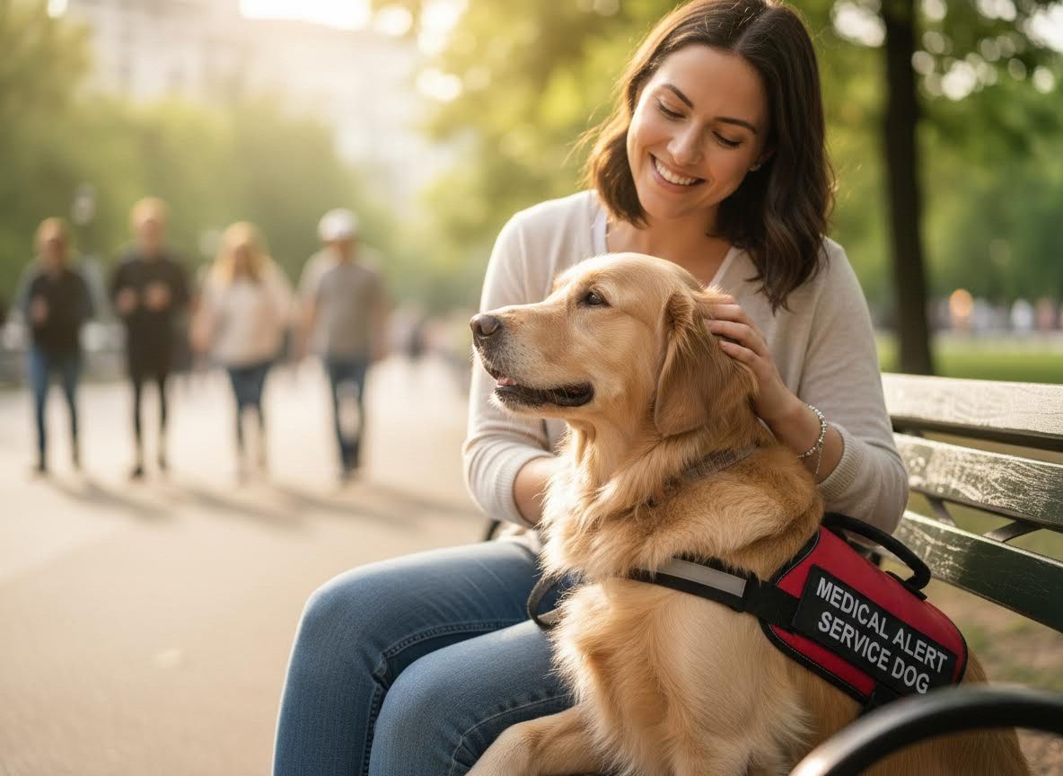 Woman petting her Medical Alert Service Dog in a park