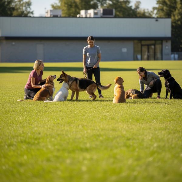 Several dog owners are kneeling and gently interacting with their dogs and others during a supervised socialization exercise on a large lawn.