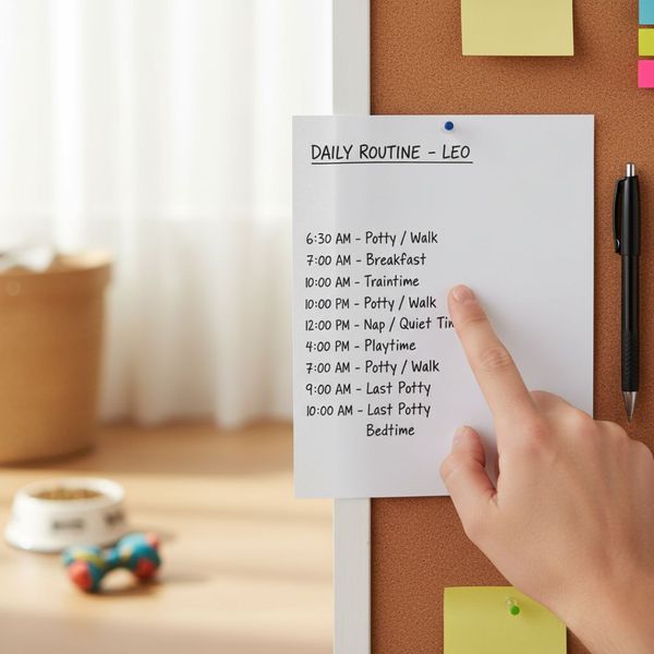 A person's hand points to a handwritten schedule outlining a dog's daily routine.