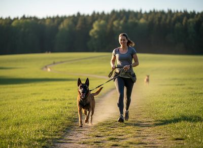 Woman and Belgian Malinois Dog Running on a Sunny Field Path