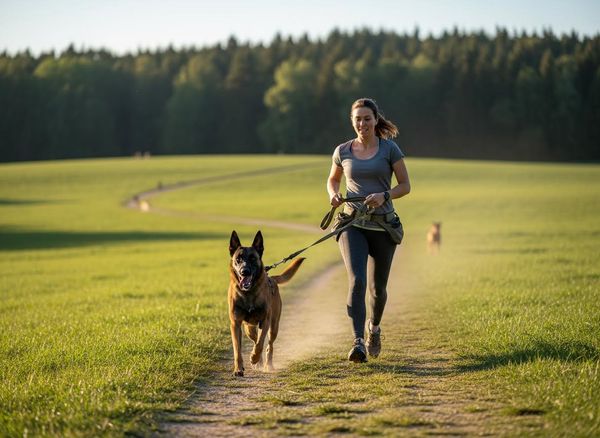 Woman and Belgian Malinois Dog Running on a Sunny Field Path