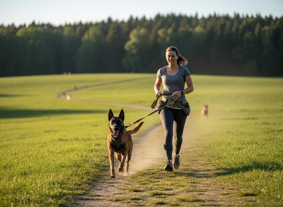 Woman and Belgian Malinois Dog Running on a Sunny Field Path