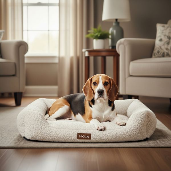 A well-behaved dog on its "place" bed
