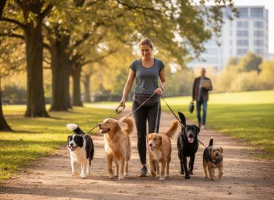 A smiling woman walks five dogs (Border Collie, two Golden Retrievers, Black Lab, terrier) on leashes down a park path on a sunny day. Woman walking five dogs in a park