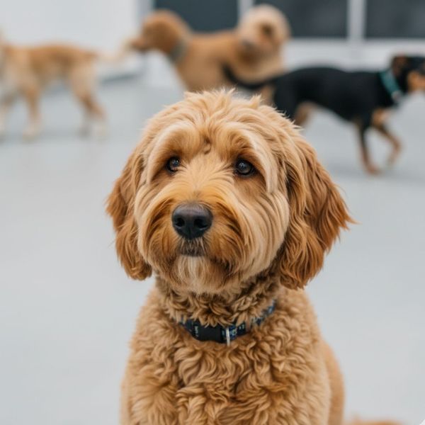 A close-up portrait of a fluffy goldendoodle sitting calmly in an indoor training facility with other dogs blurred in the background.