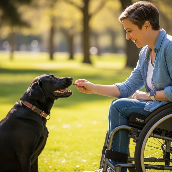 A person in a wheelchair smiles while rewarding their black Labrador service dog with a treat.