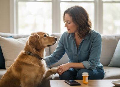A woman in a blue shirt gently holds her Golden Retriever's paw on a sofa. A smartphone and an orange pill bottle are nearby. Woman and Golden Retriever on Sofa