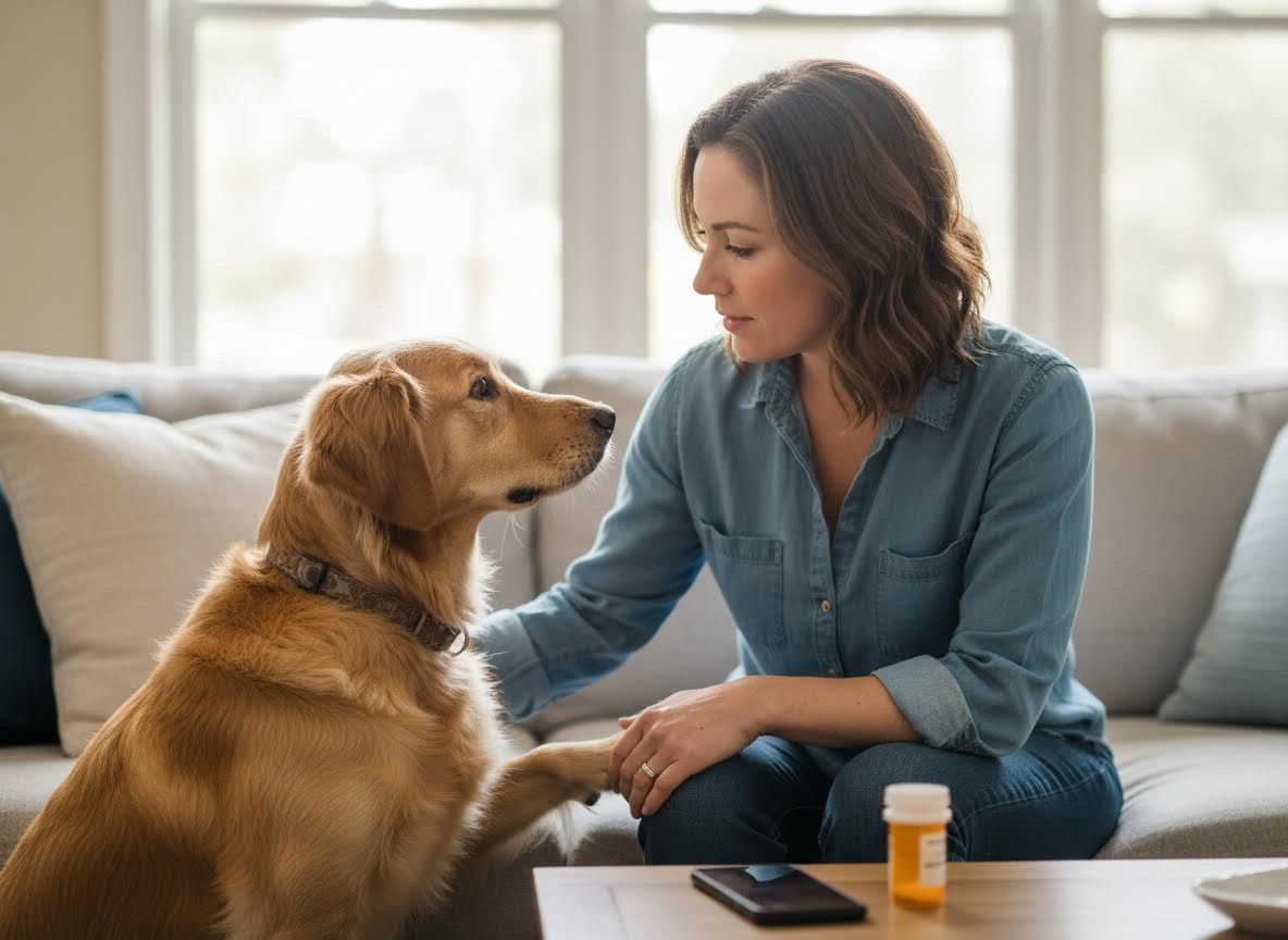 Woman and Golden Retriever on Sofa