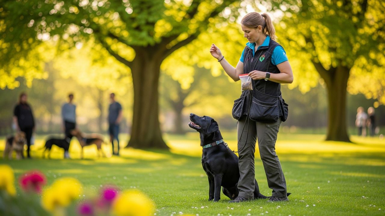 A focused dog trainer kneels while giving a command to a yellow Labrador retriever outdoors.